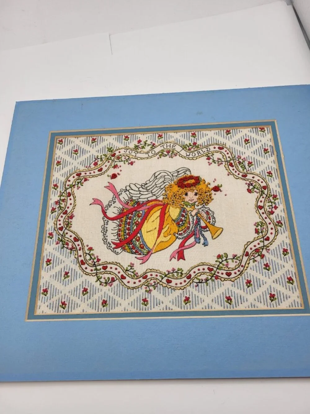 Vintage Herald Angel Embroidered needlepoint picture Textured Joy to the world